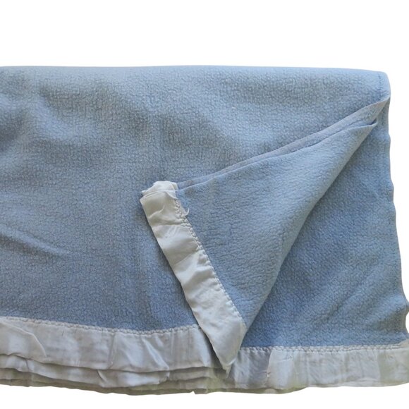 Vintage Blue Twin Acrylic Thermal Blanket Satin Trim 68 x 86 Made in USA - Picture 4 of 7